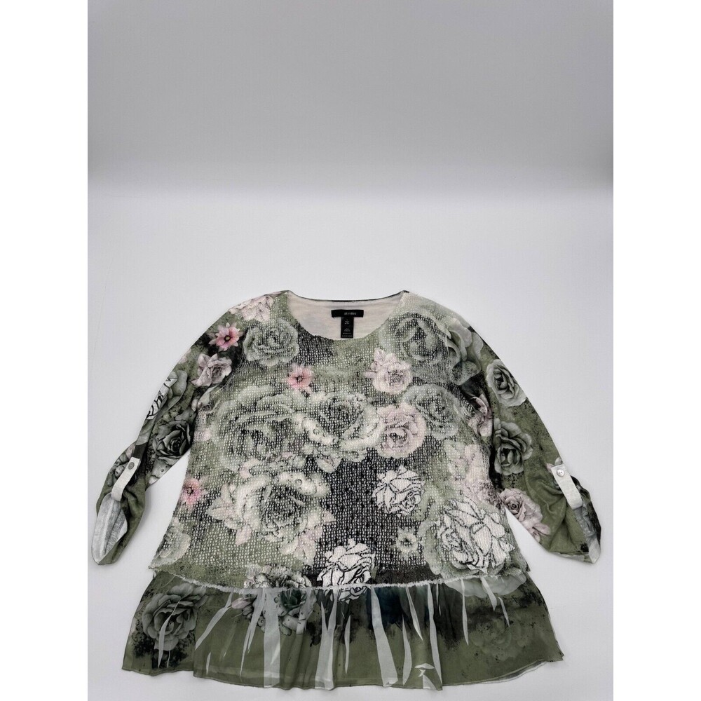 Ali Miles Tunic Top Women's Large Green Floral Long Sleeve Mesh Sequin Chiffon